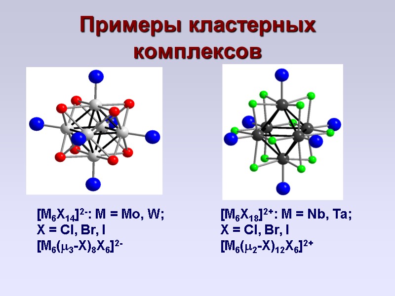 Примеры кластерных комплексов [M6X14]2-: M = Mo, W;  X = Cl, Br, I